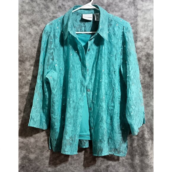 Gorgeous Alfred Dunner set - blouse & matching tank Wmn's Sz 16 aqua spangly - Picture 1 of 7
